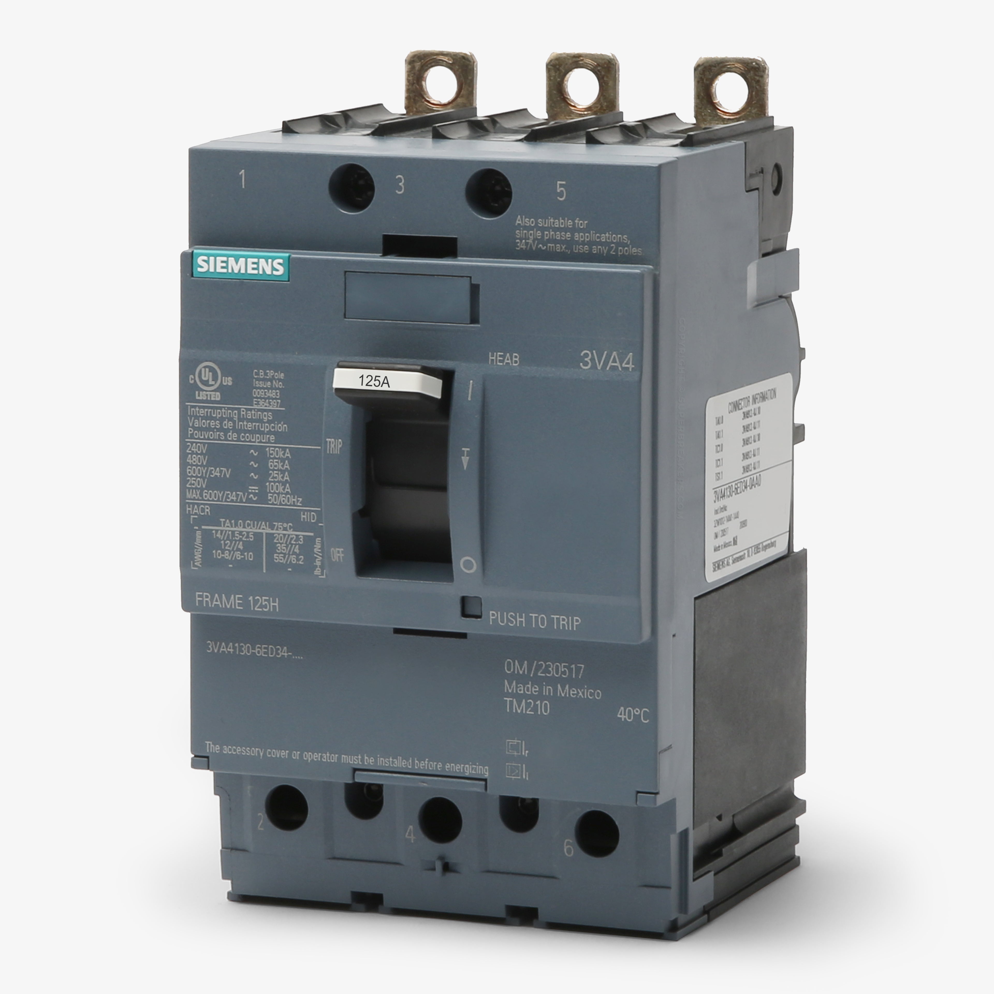 New Siemens 3VA4125-6ED34-0AA0 3 Pole Circuit Breaker