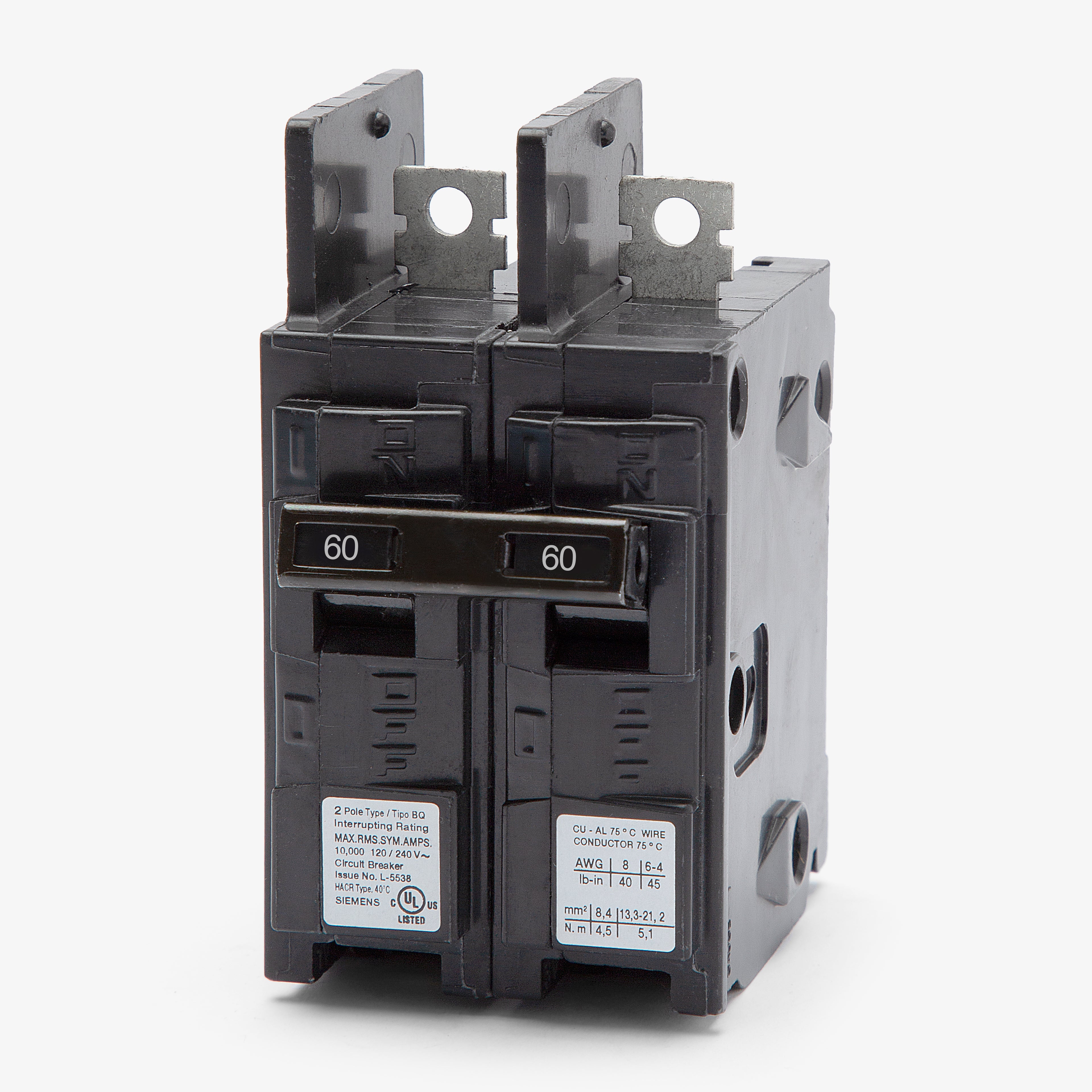Siemens BQ2B060 60-Amp Double Pole Circuit Breaker - 120/240V 10KAIC Lug In/Lug Out