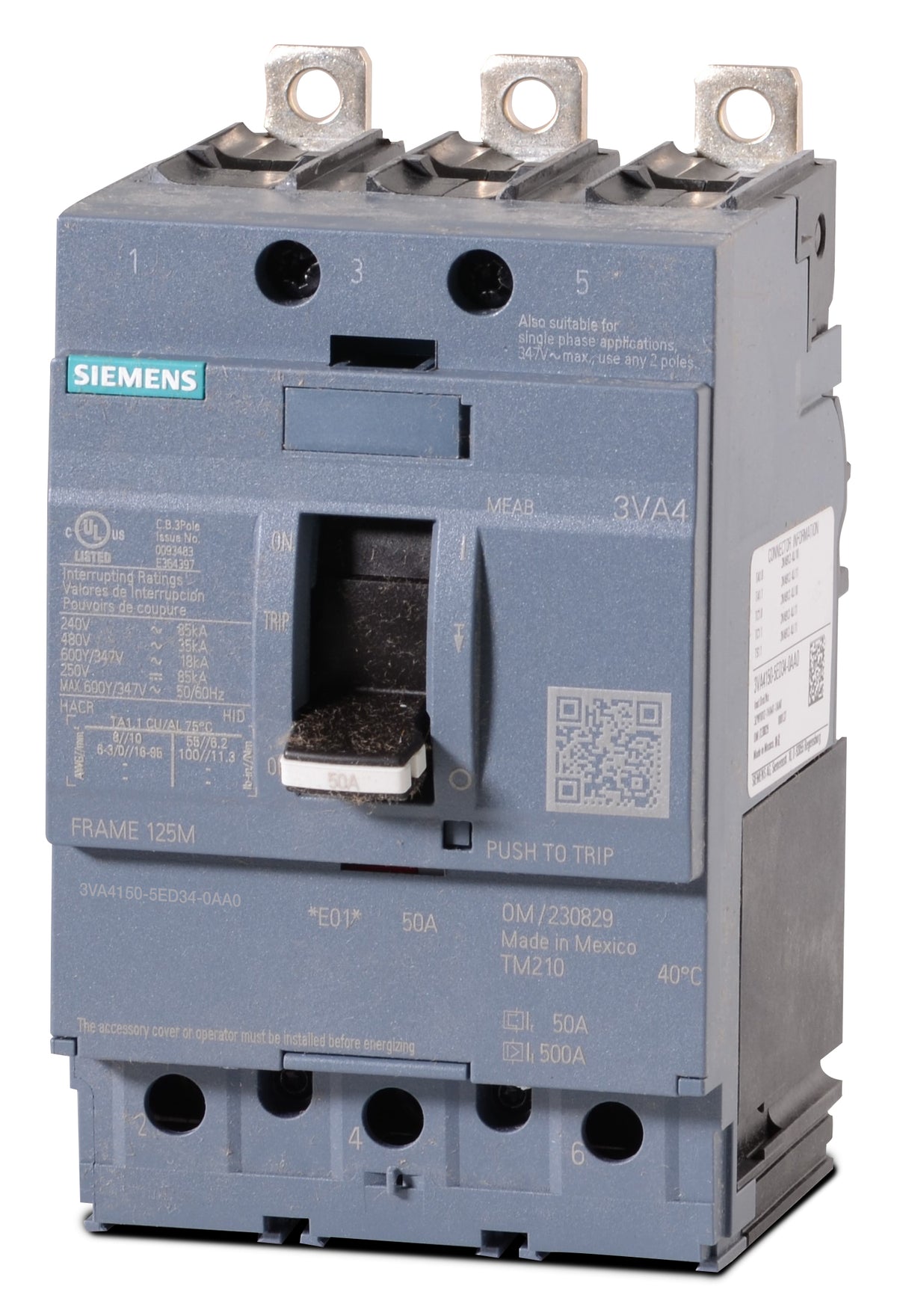 Siemens 3VA4150-5ED34-0AA0 - 50A 3 Pole Molded Case Circuit Breaker