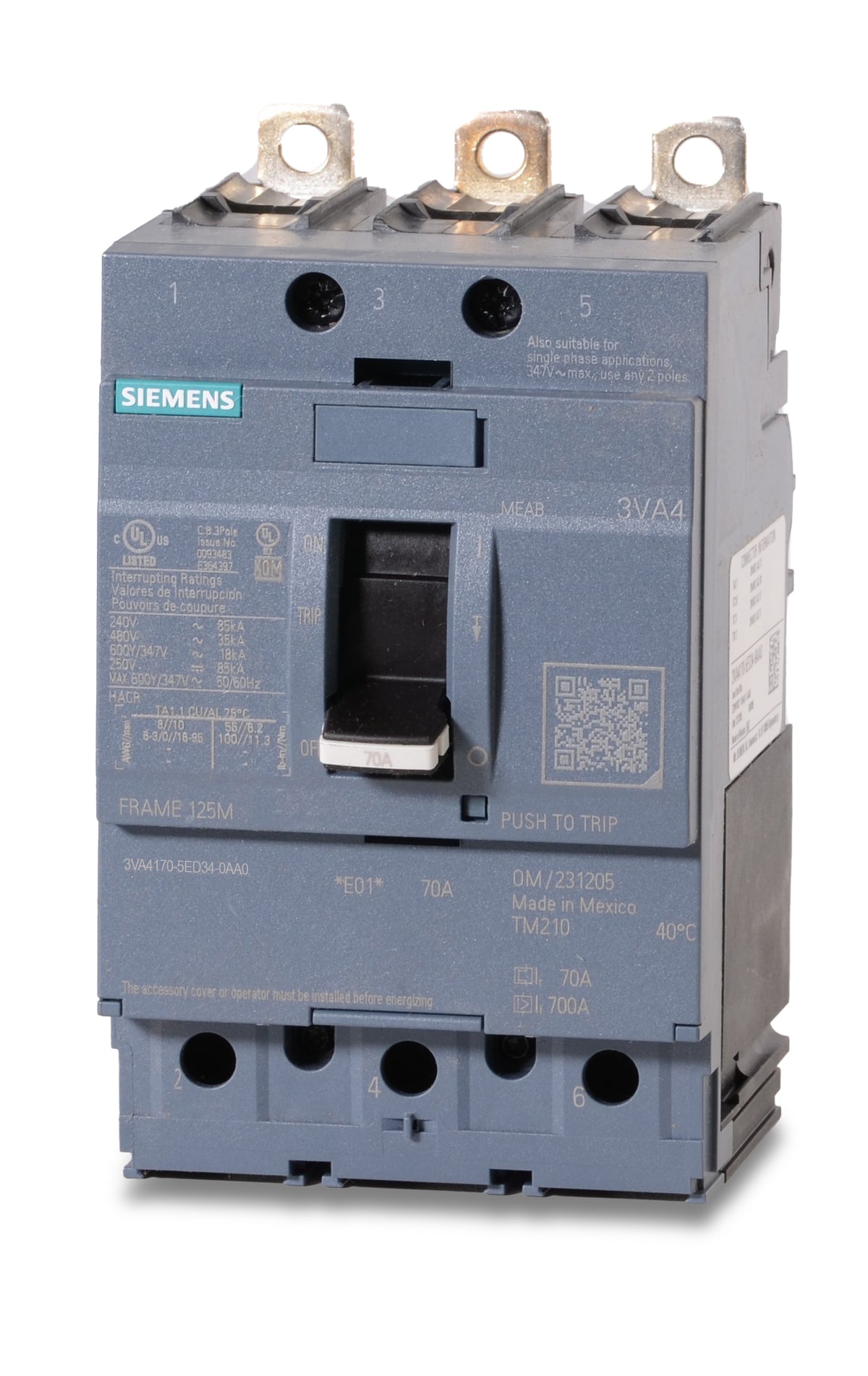 Siemens 3VA4170-5ED34-0AA0 - 70A 3 Pole Molded Case Circuit Breaker