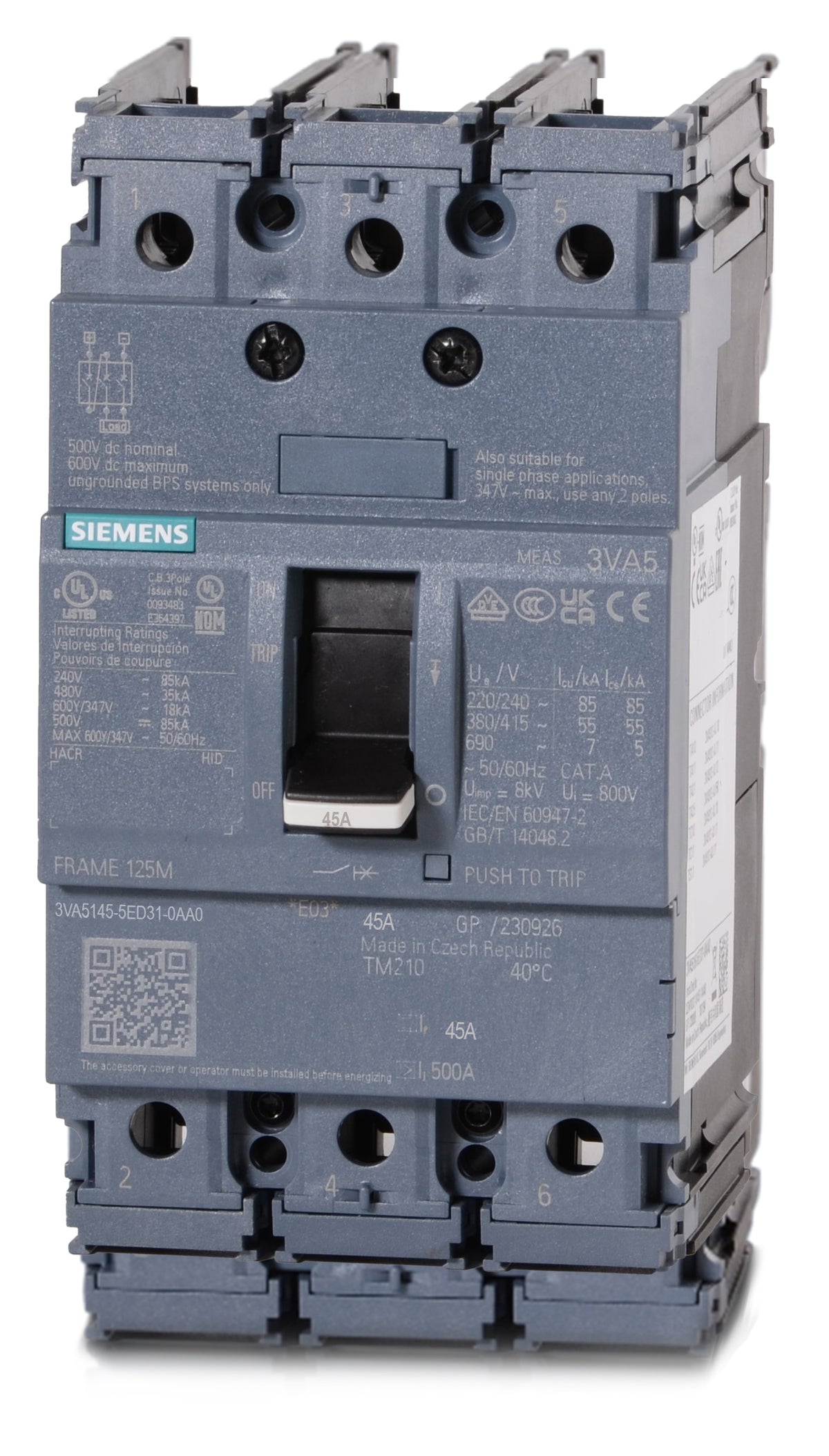 Siemens 3VA5145-5ED31-0AA0 - 45A 3 Pole Molded Case Circuit Breaker