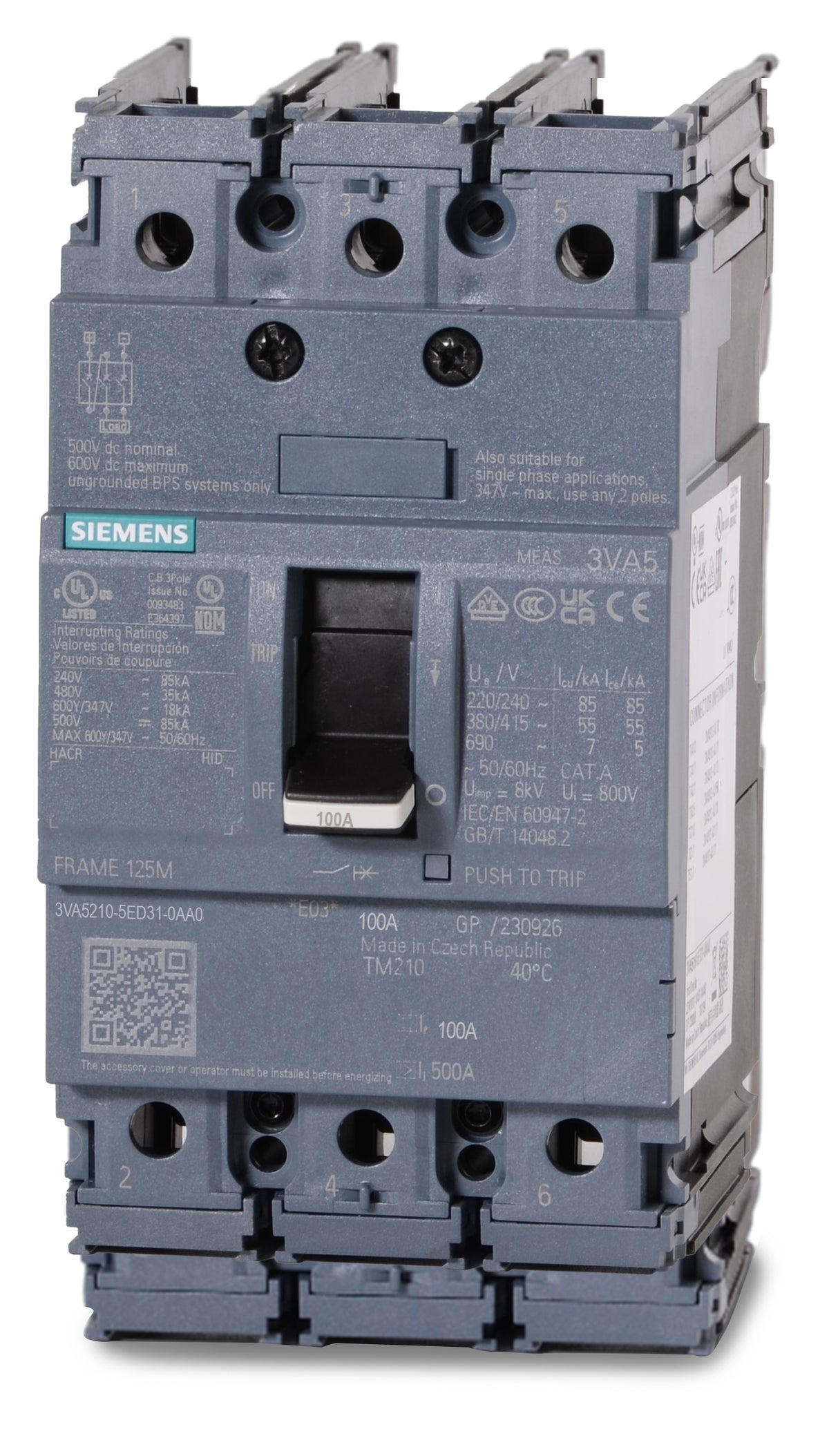 Siemens 3VA5210-5ED31-0AA0 - 100A 3 Pole Molded Case Circuit Breaker