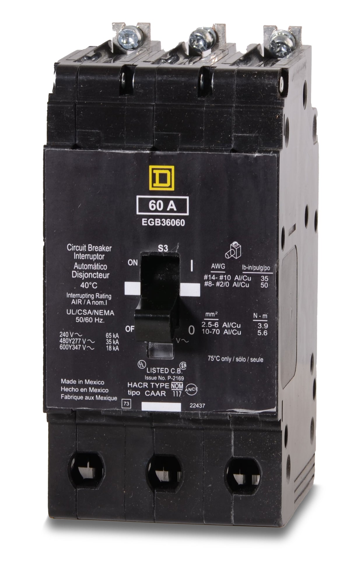 Square D EGB36060 - 60A 3 Pole Molded Case Circuit Breaker