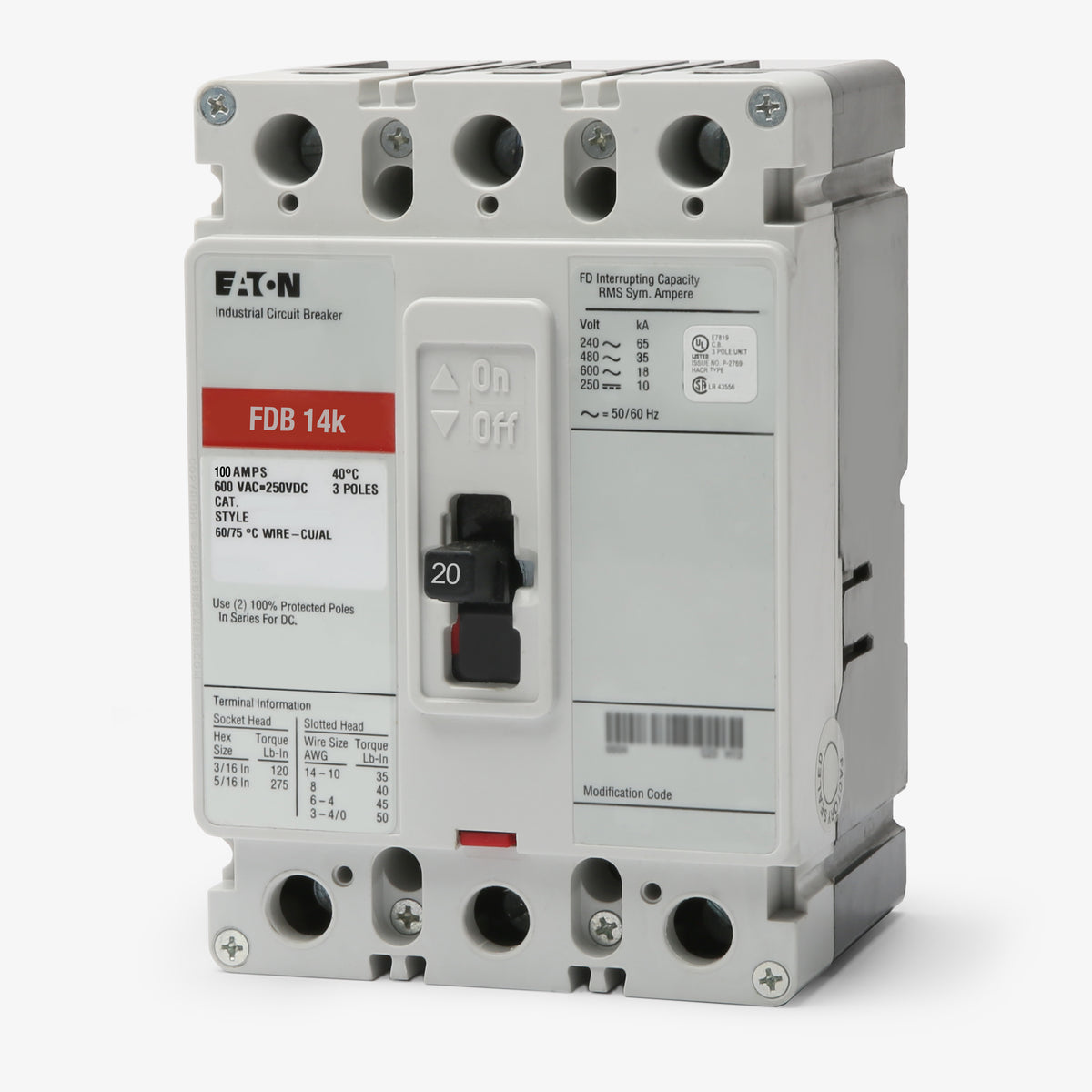 Eaton / Cutler-Hammer FDB3020 - 20A 3 Pole Molded Case Circuit Breaker