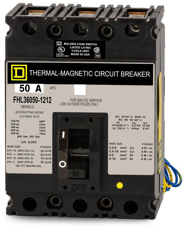 Square D FHL36050-1212 - 50A 3 Pole Molded Case Circuit Breaker
